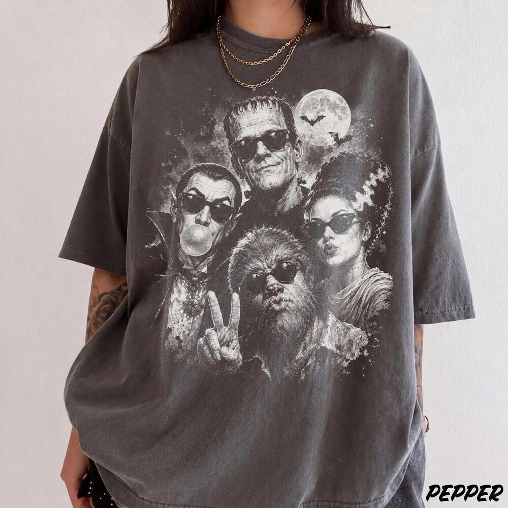 Retro Halloween Monster Selfie S Shirt, Frankenstein Werewolf Dracula